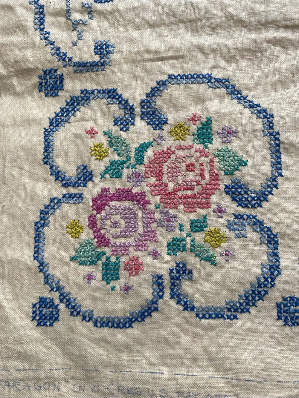 Vintage Paragon Cross-Point Embroidery Kit. Tablecloth w/8 Napkins. Unfinished.